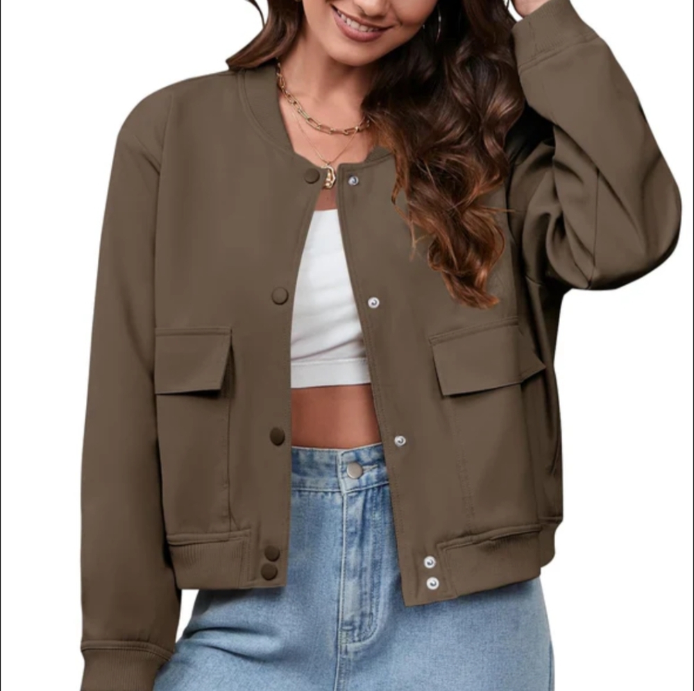 MEROKEETY Women's XL Brown Bomber Crop Jacket